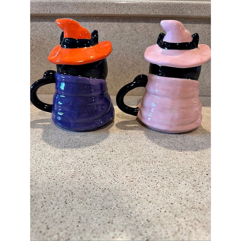 Jack O’ Lantern Lane Halloween Witch Cat Mugs Set of 2 Orange and Pink - Picture 4 of 8